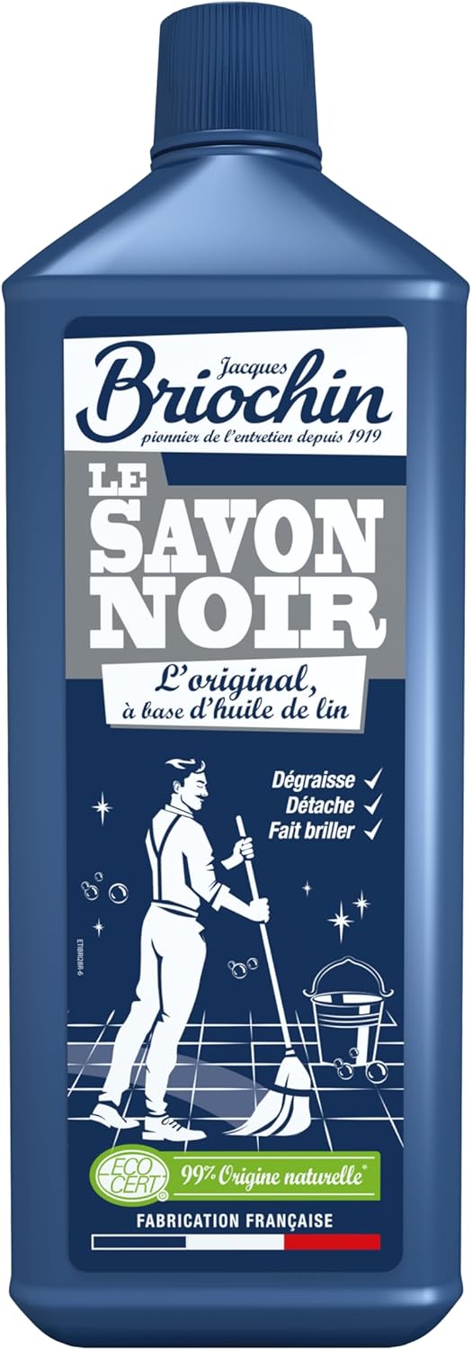 JACQUES BRIOCHIN - Savon Noir Liquide - A l'Huile de Lin - Multiusages - Nettoie, Nourrit, Protège et Fait Briller - 99% d'Ingrédients d'Origine Naturelle - Flacon Recyclable - Fabriqué en France - 1L Sans Pompe