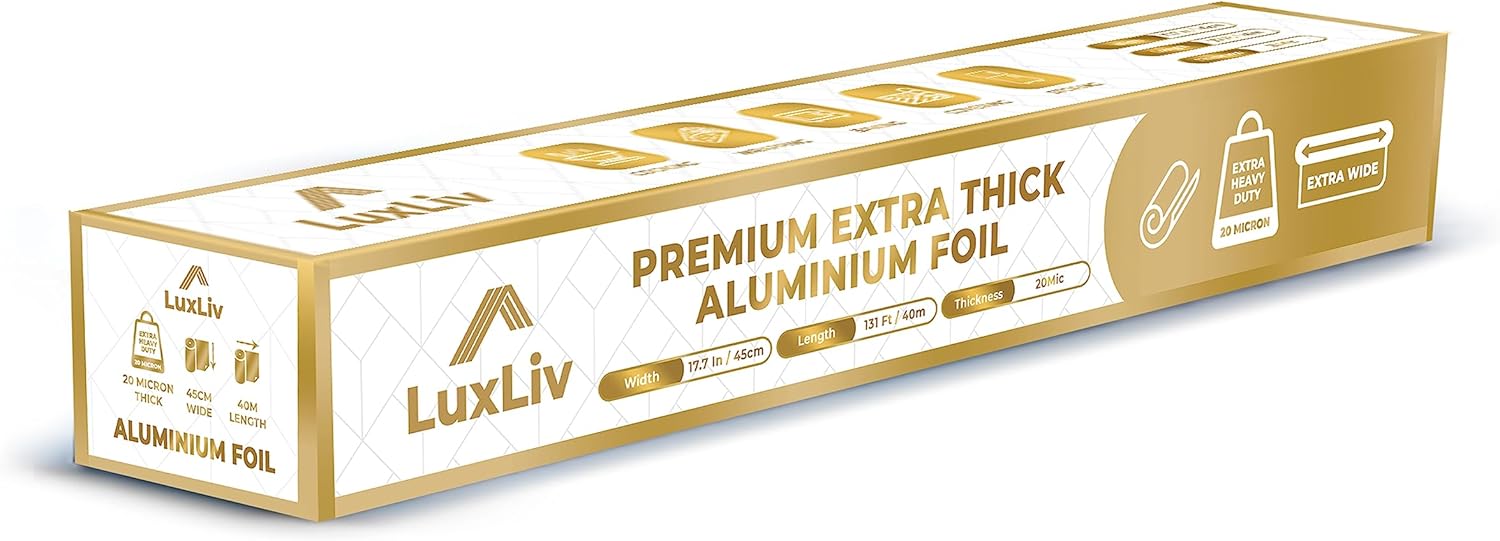 LuxLiv ® Rouleau de papier d'aluminium de qualité supérieure de 45 cm extra large de 40 m d'épaisseur 20 microns d'épaisseur