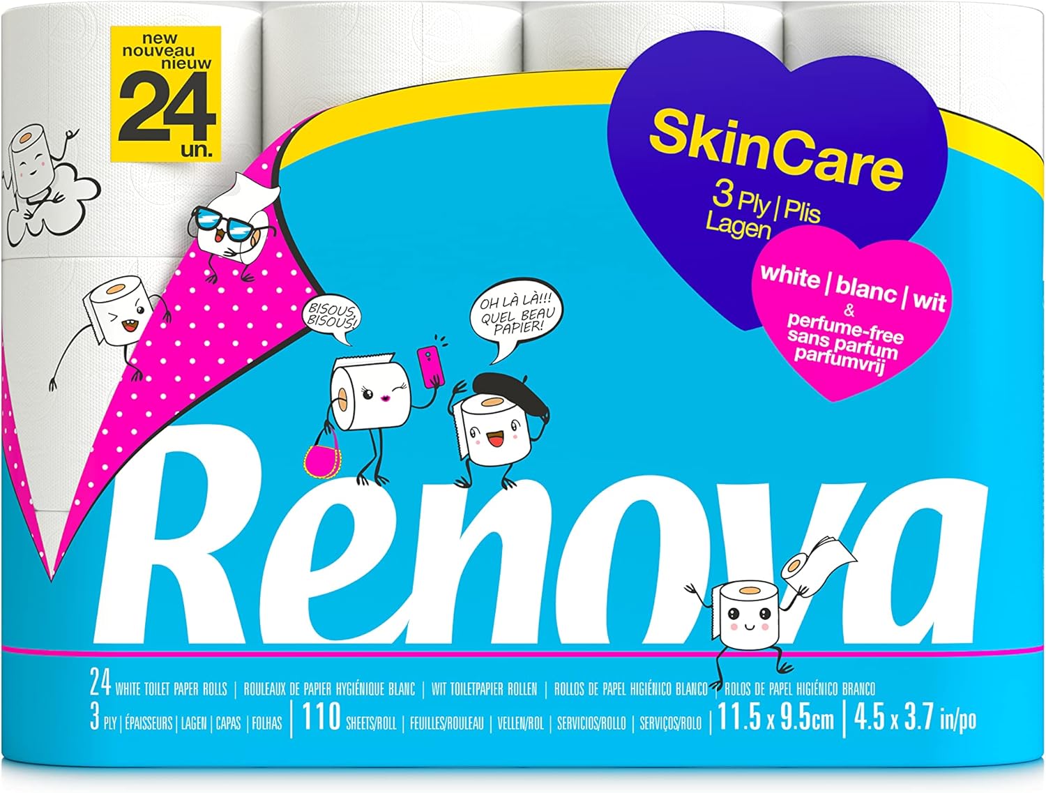 RENOVA SkinCare Papier hygiénique 3 plis blancs, 24 rouleaux Blanc 24 Unité (Lot de 1)
