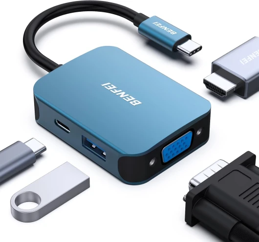 HUB USB C, BENFEI Adaptateur USB C vers HDMI VGA, USB C vers USB 3.0, Compatible pour MacBook Pro/Air, iPhone 15 Plus Pro Max, Samsung S10/9, Surface Book 2, Dell XPS 13/15, Pixelbook et Plus 1 Bleu