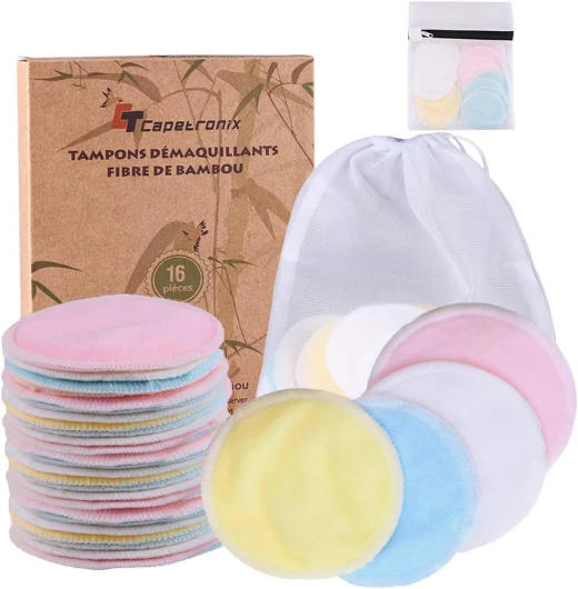 Tampons Démaquillants fibre de bambou丨disques coton demaquillant lavable丨16pcs+ 2 Sac de lavage丨Matériau en fibre de bambou souple 丨Lavable et réutilisable 16 Unité (Lot de 1)