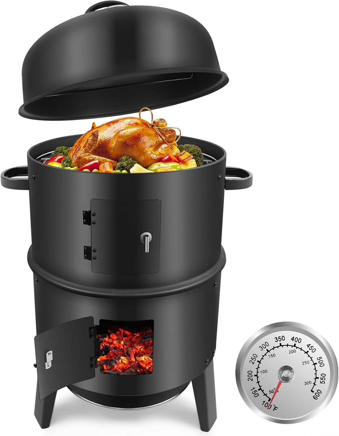 Kisidus Fumoir 3 en 1 Smoker Barbecue Charbon de Bois avec Thermomètre intégré, Réglage d'air, Bac à eau, 2 Grilles de cuisson, 4 Crochets