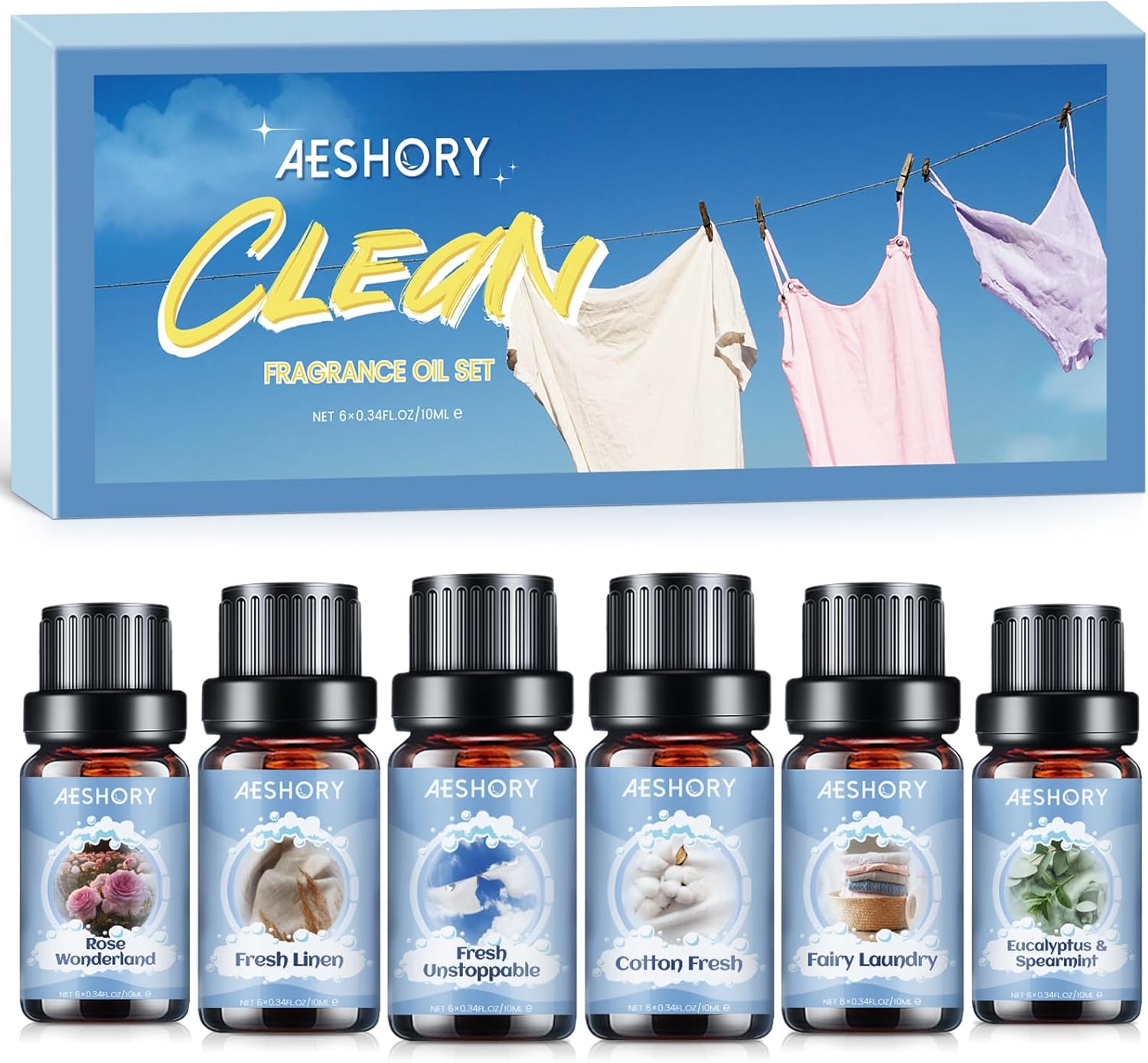 Clean Huiles Essentielles Set de 6x10ML, Huiles Parfumées Propre Parfum Frais pour Diffuseur, Fraîcheur Imparable, Linge Frais, Coton Frais, Lessive Féerique, Pays des Merveilles des Roses