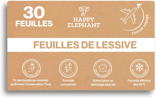 Feuilles Lessive Ecologique Ultra-Concentrée - 30 Lavages - Feuille Lessive Sans Plastique et Sans Parfum - Machine à Laver & Main - Format Compact Idéal en Voyage - Happy Elephant