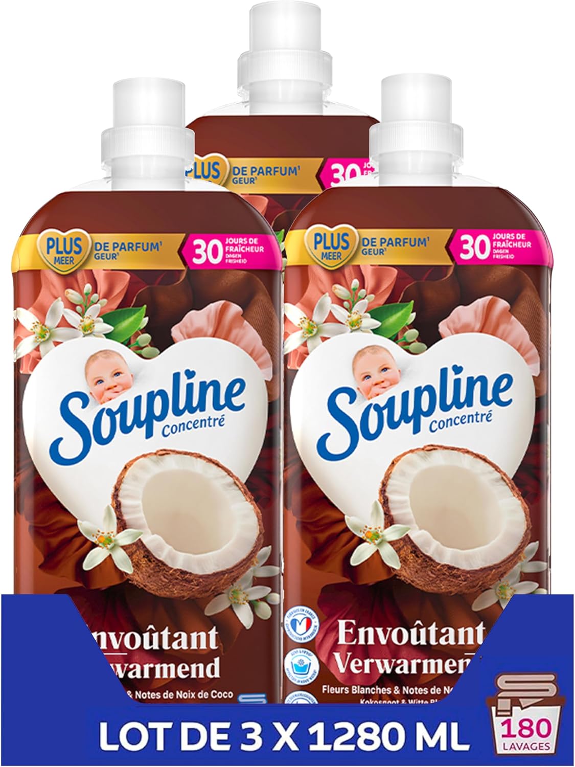 Adoucissant Linge Concentré Senteur Fleurs Blanches & Notes de Noix de Coco, Assouplissant Linge Formule Améliorée pour Plus de Parfum*,Assouplissant Textile Liquide, Soupline Lot de 3x1,28L