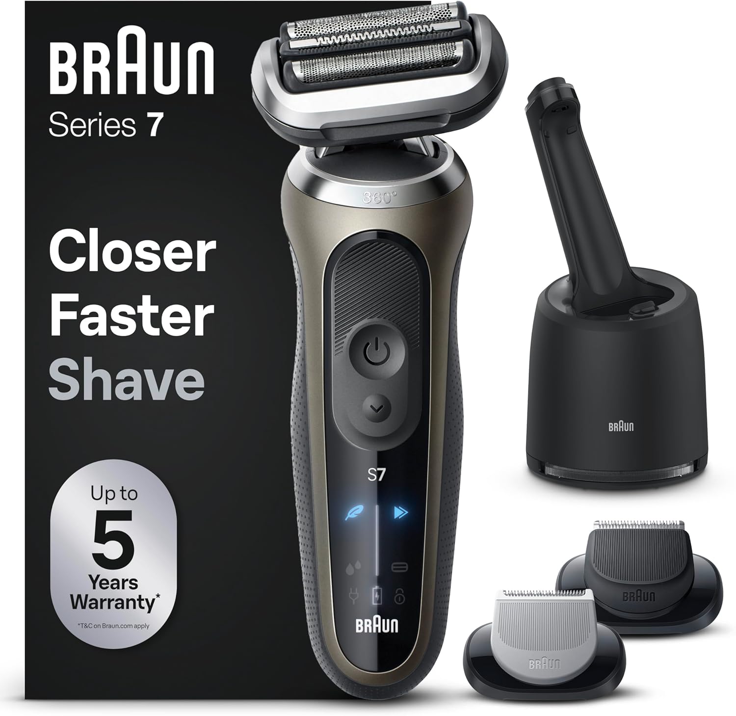 Series 7, Rasoir Électrique Homme, Modes Turbo, Rasoir À Grille Étanche, Conçu En Allemagne, Avec Station SmartCare Clean & Charge, Tête Tondeuse À Barbe, Tête Pour Le Corps, Or Series 7 - 72-C7650cc