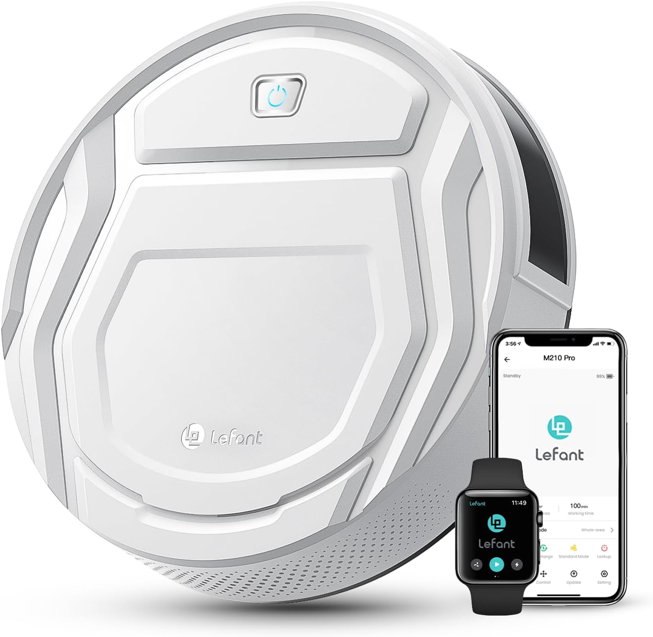 Aspirateur Robot, Robot Aspirateur Autonomie Mince Silencieux, Connecté avec WiFi/Alexa/App, 3 Modes d'aspirations, Programmable, Idéal pour Les Poils d'animaux Tapis Sols Durs, M210 Blanc