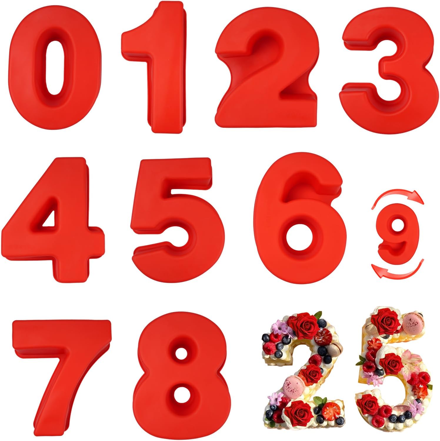 Velicber 9 Pièces Moules à Gâteau 3D en Silicone 0-8 Number Cake Moule Rouge Moule à Gâteau Chiffre Moule Forme Grands pour Mariages Mariage Anniversaires Fêtes