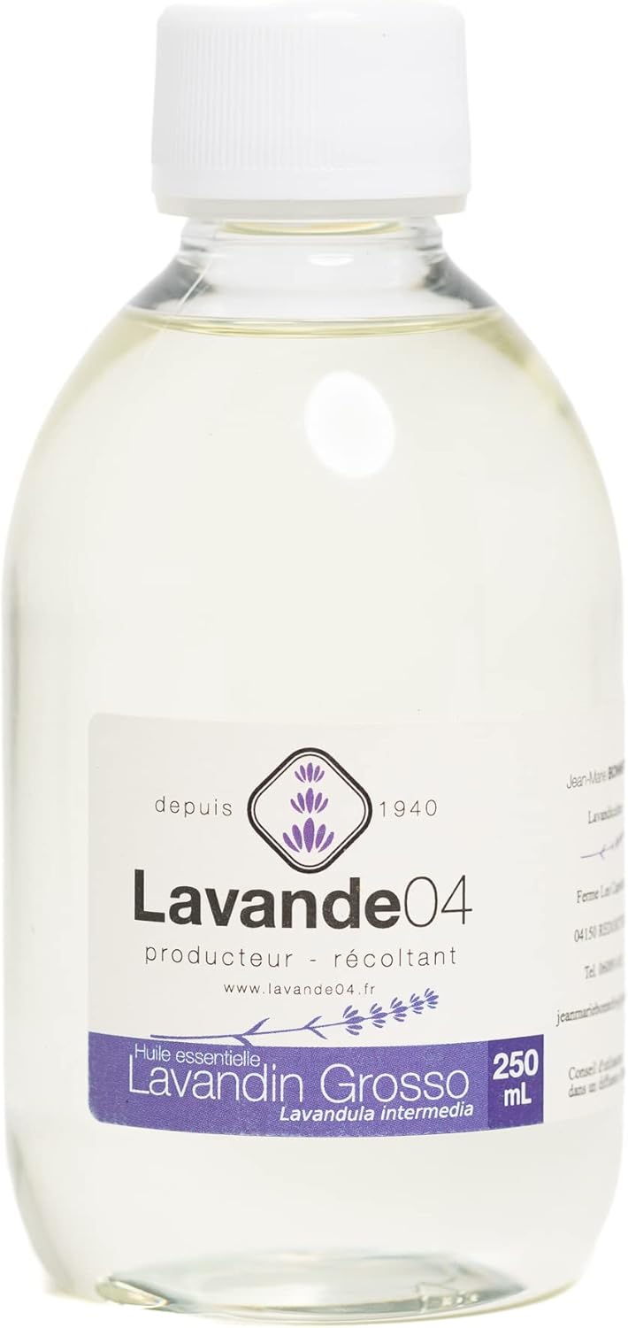 Huile Essentielle Lavandin Grosso 250 mL - Direct producteur - Provence - 100% pure et naturelle, Gros Format Economique - Idéal pour la fabrication de savon, bougie, lessive, apaisant relaxant