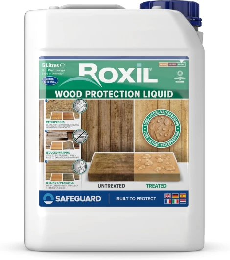 Liquide Imperméabilisant pour Bois - 5 litres - Jusqu'à 10 ans de Protection Hydrofuge pour Bois Extérieur, Terrasse, Clôture, Cabanon, Abris et autres Meubles - Incolore et Transparent - 25m2