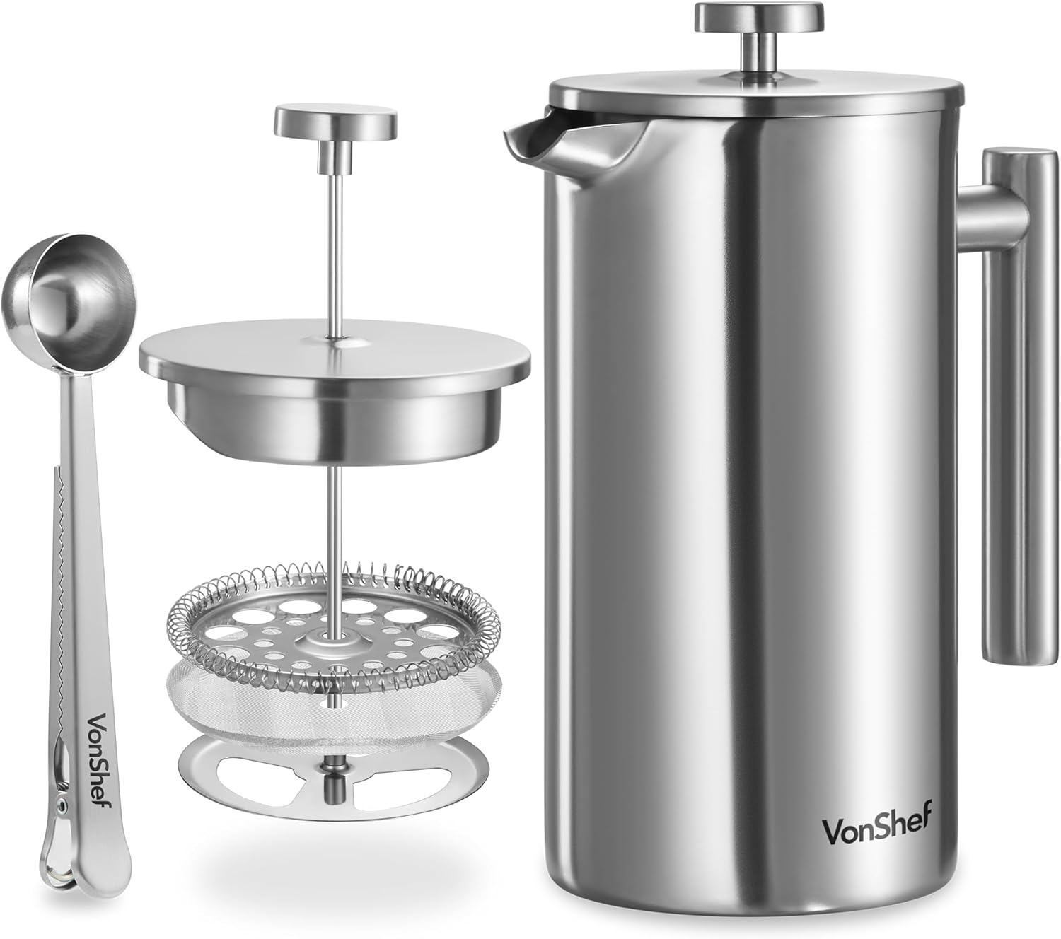 Cafetière à Piston - French Press en Acier Inoxydable - Cafetière à Piston avec Filtre Lavable, Cuillère Doseuse/Pince de Fermeture de Sachet - Pour 12 Tasses, 1,5 L 1.5L/12 Tasses