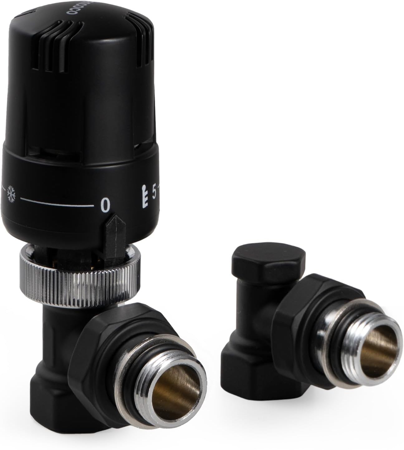 Robinet Thermostatique Radiateur et Coude de Réglage en équerre G1/2 (15×21) - Raccord étanche avec Joint 15/21 - Kit Thermostatique Radiateur Noir - Protection Anti-Gel, Norme EN215 Raccord étanche avec Joint G1/2" Noir