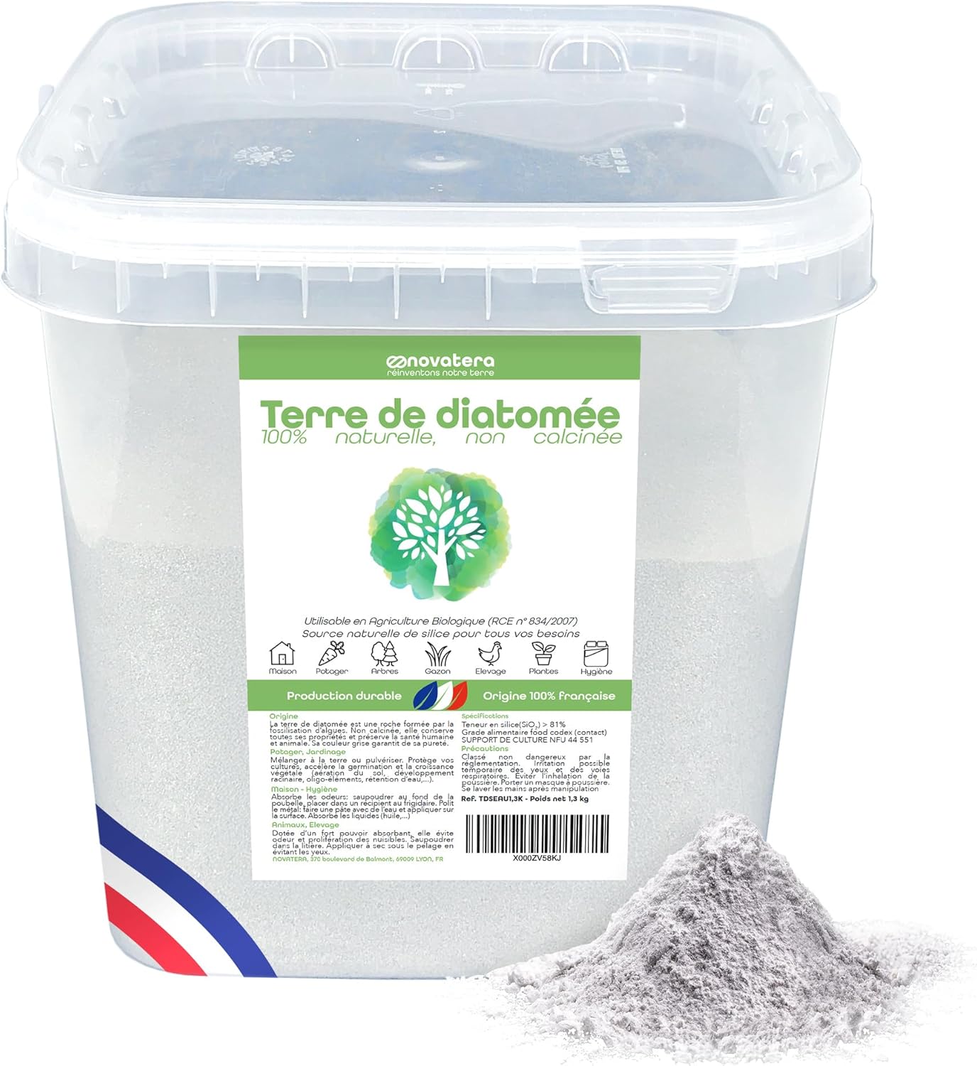 Terre de Diatomée Naturelle & 100% Française - Ultrapure, Non Calcinée, Ecocert - Entretien, Jardin, Animaux, Élevage, Agriculture Biologique - Seau, 1,3kg
