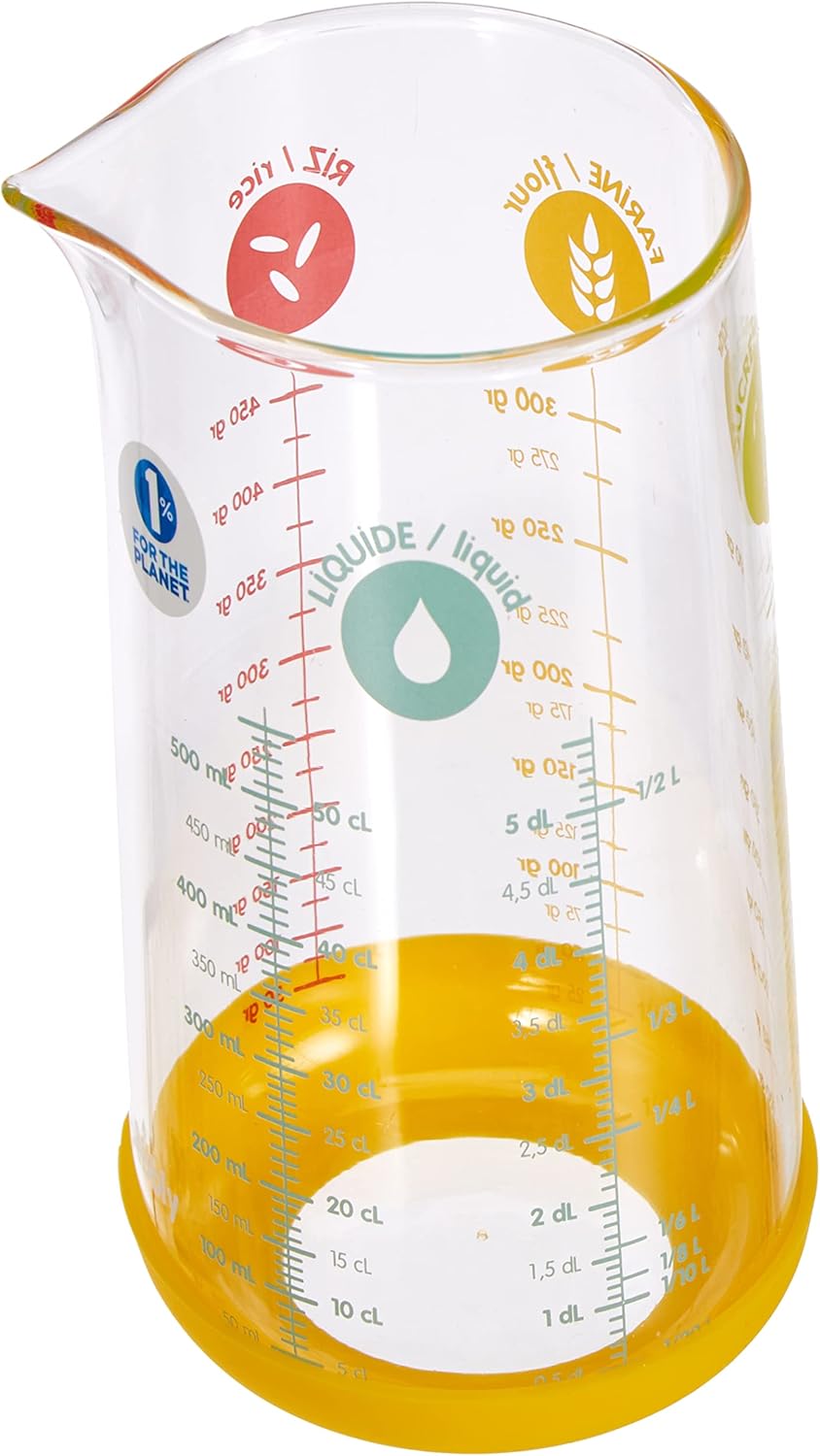 Verre Mesureur en Verre - 500 ml - Avec Base Silicone Antidérapante et Bec Verseur - 4 Mesures de Liquides (ml, cl, dl, L) Facilite les Conversions - Matériaux Naturels 500 ml - jaune