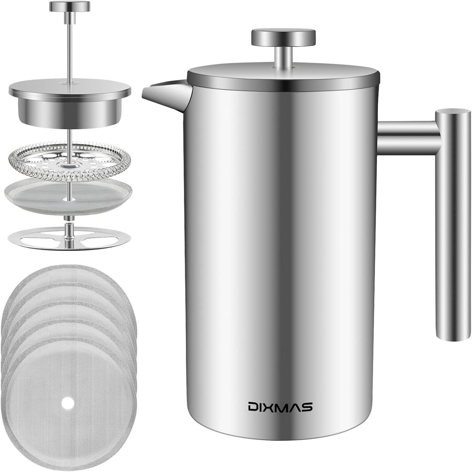 Dixmas Cafetière à Piston Camping en Acier Isotherme avec 5 Filtres de Rechange French Press 350ML 2 Tasses