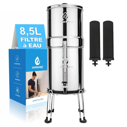 EuroGuard® Premium - Filtre à Eau par Gravité 8,5 Litres en Acier Inoxydable 304, avec Support et Robinet Transparent, Argent Brillant Premium 8,5 L (Support + Robinet Transparent) Argent Brillant