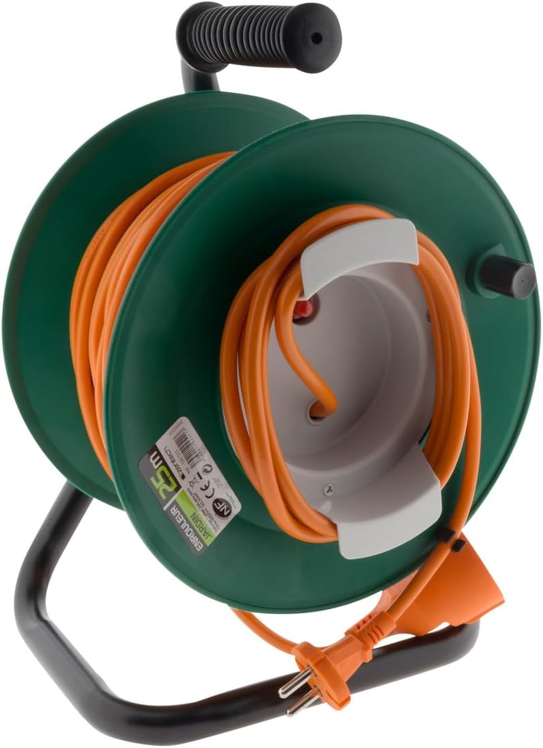 Enrouleur sans prise 2x1,5 mm² 25m pied métal + coupe circuit - Vert/Orange - Zenitech 22+3m 2x 1,5mm² (sans terre) Enrouleur