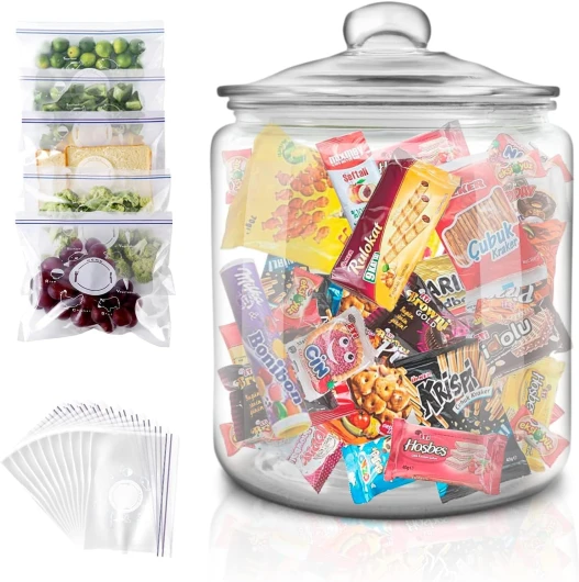 Bocal en Verre Transparent, 3,9L Grand Bocal avec Couvercle Hermétique, Bocaux Rangement Cuisine Envoyer 15 sacs en Plastique, Bouteille Verre pour Stockage des Aliments, Bonbons, Céréales 2.2 Kilogrammes