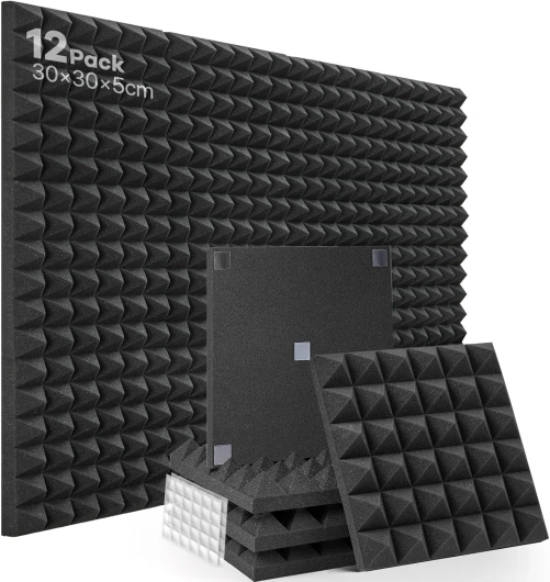 Mousse Acoustique Avec 60 autocollants, 12 Pack Panneau Acoustique Ignifuges Mousse Anti-bruit Haute Densité Isolant Phonique pour Studios D'enregistrement, Bureaux, salle de jeux, Podcasts 30×30×5cm 12 Pièces(autocollant） Noir