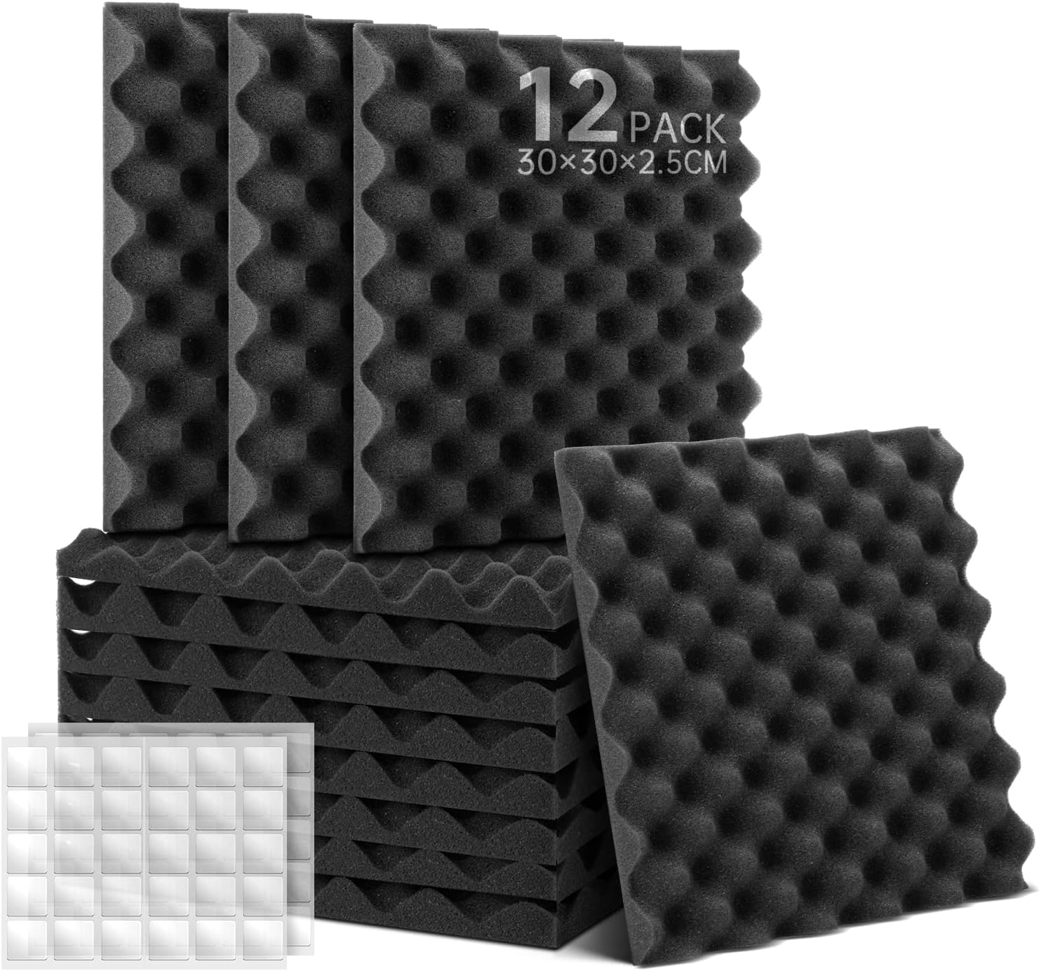 Lot de 12 panneaux de Mousse Acoustique Autocollants, Mousse Anti-bruit Panneau Acoustique haute densité isolant phonique, pour Podcasting, Studios d'enregistrement, plafonds 30×30×2,5 cm 12 Pièces Noir