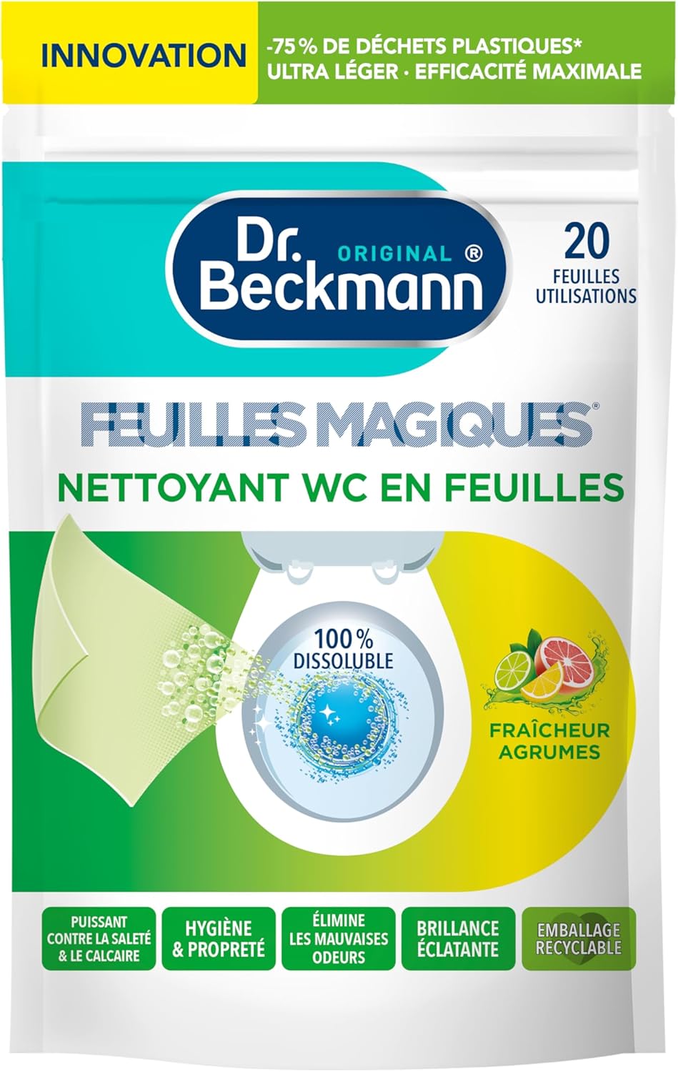 Dr - Beckmann - Nettoyant WC En Feuilles Magiques - Produit Toilette Puissant Contre La Saleté et Le Calcaire - Désodorisant WC Qui Élimine les Mauvaises Odeurs - Fraicheur Agrumes x 20 Feuilles