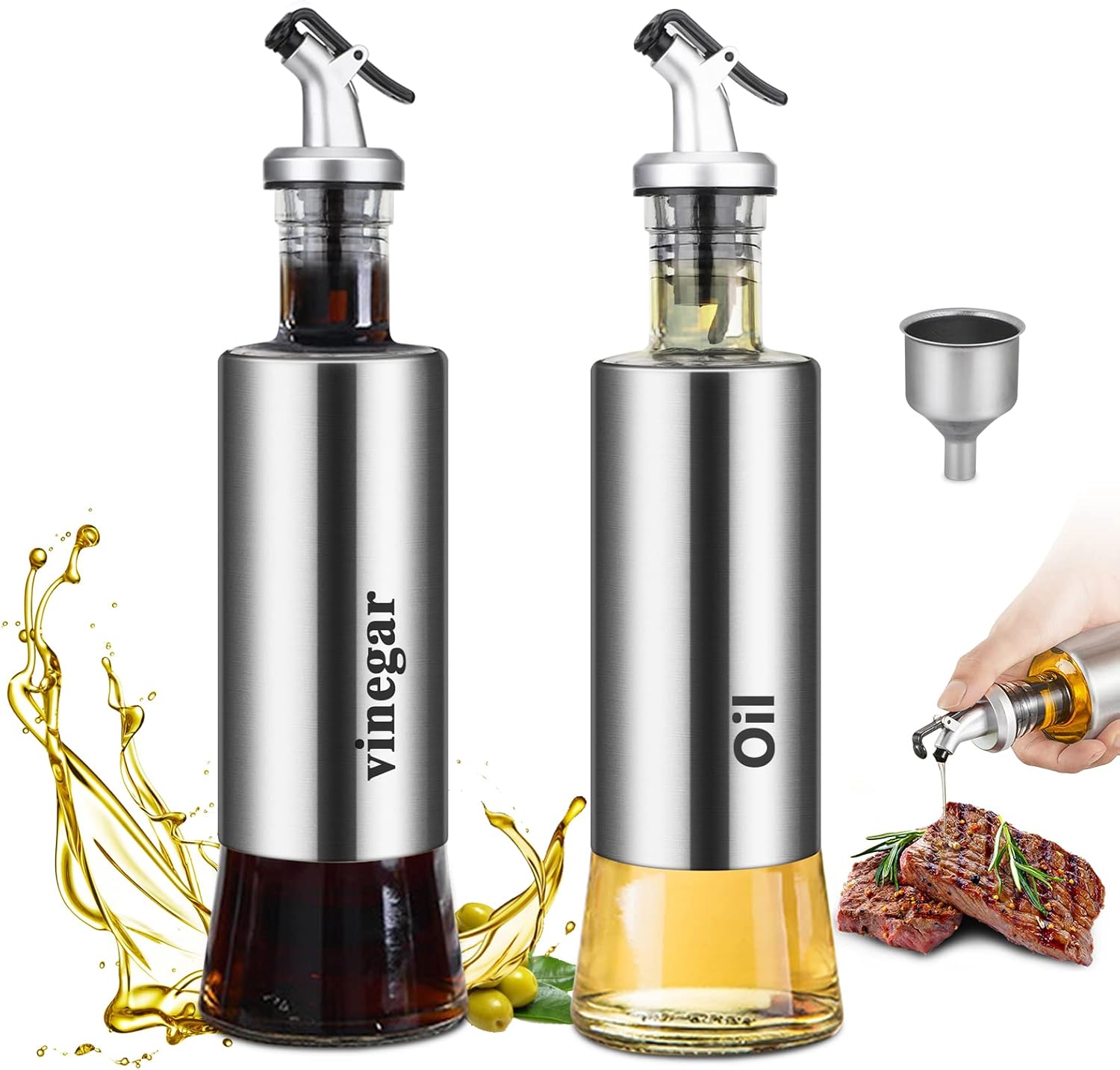 95Street Bouteille D'huile,2pack 300ML Bouteille de Vinaigre Distributeur D'huile/Vinaigre,Distributeur Huile d'olive Bouteille D'huile en Verre en Acier Inoxydable pour la Cuisson,Les Grillades Bouteille de Vinaigre et D'huile 2pcs