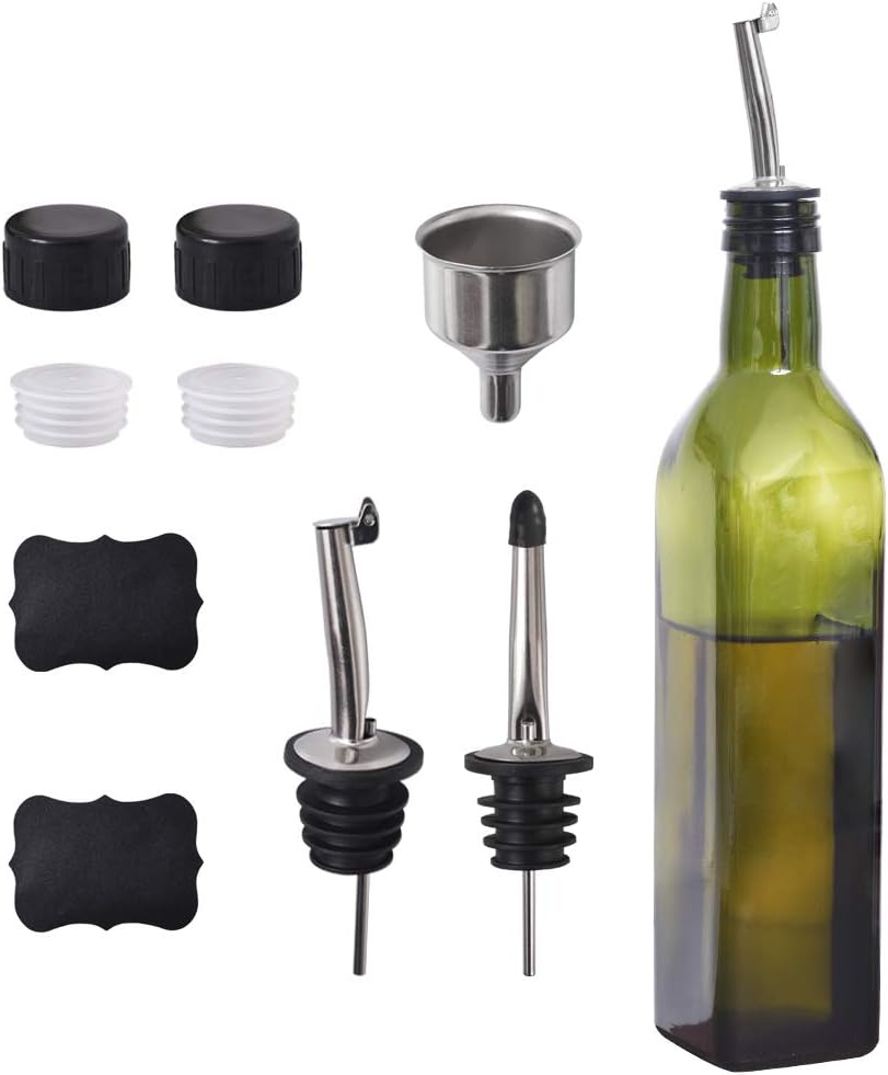 Newk Bouteille d'huile d'olive, 500 ml en verre, huile, vinaigre, cruet avec becs verseurs + entonnoir, huile, carafe, pour cuisine – Vert