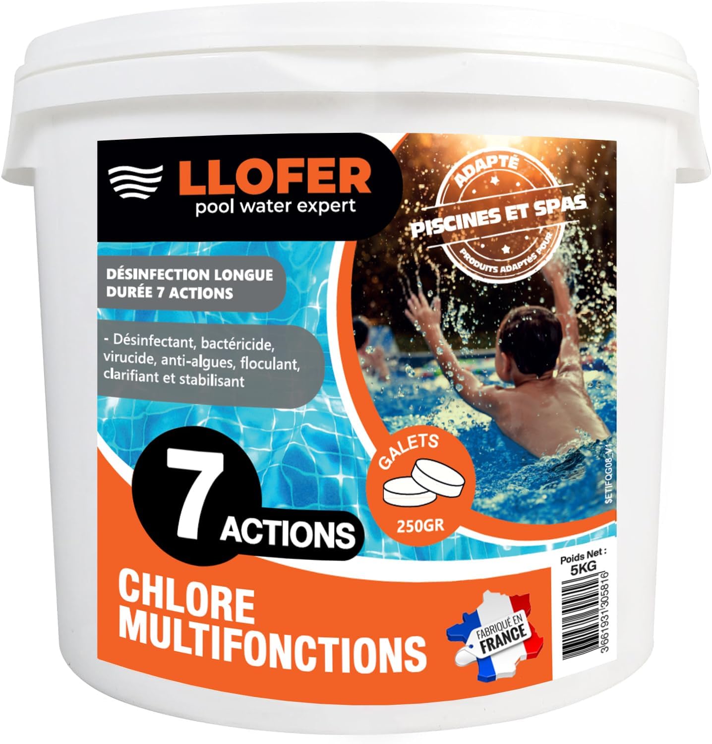 LLOFER - Chlore Multifonction en Galet de 250g - 5kg - Désinfection Longue Durée 7 en 1, Haute Teneur en Chlore (92%), Fabriqué en France Chlore multifonctions 5 kg 1.0
