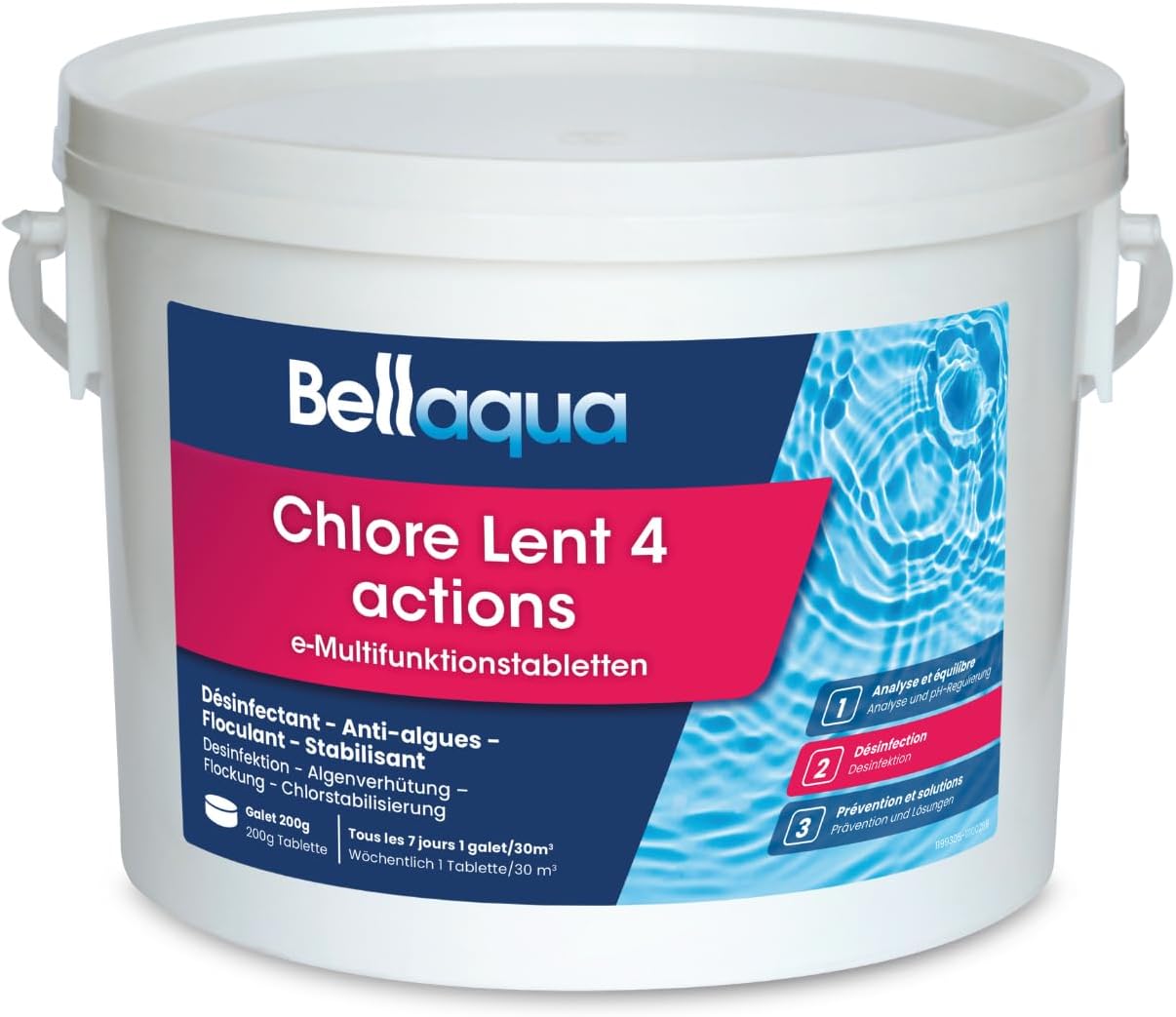 E-Chlore Multifonction 3kg – Galets de Chlore pour Piscine – Désinfection, Anti-Algues, Floculant, Stabilisateur de Chlore 3 kg