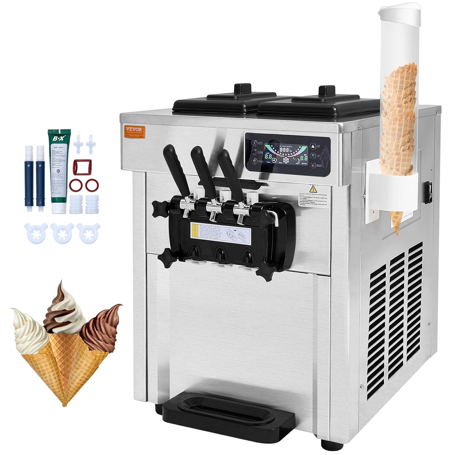 Machine à Crème Glacée Commerciale 18-28 L/h 3 Saveurs, Machine à Glace Italienne Trémie 2x5,5 L, Panneau LCD, Pré-refroidissement Nettoyage Automatique, pour Yaourt Café Snack-Bar Restaurant 5.5L*2
