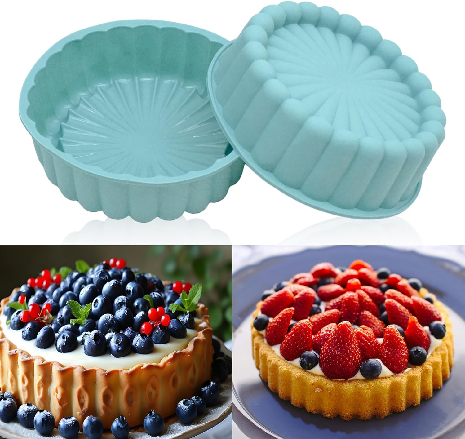 FORYNXHWIN 2Pcs Moule à Gâteau Rond en Silicone AntiadhéSif, Moule à Gateau Charlotte Moule en Silicone Rond pour Cheesecake Brownie Tartes Flan 8 Pouces - Bleu