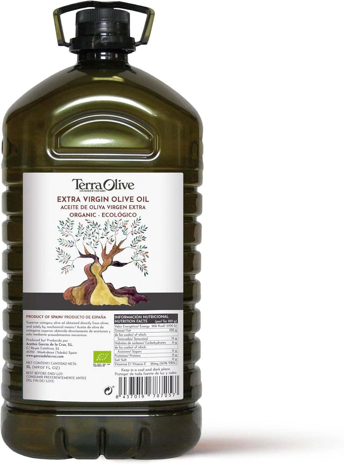 Huile d'olive extra vierge biologique, huile de cuisson, variété d'olives, corps lisse, originaire d'Espagne, Montes de Toledo, récipient en PET recyclé - 5L