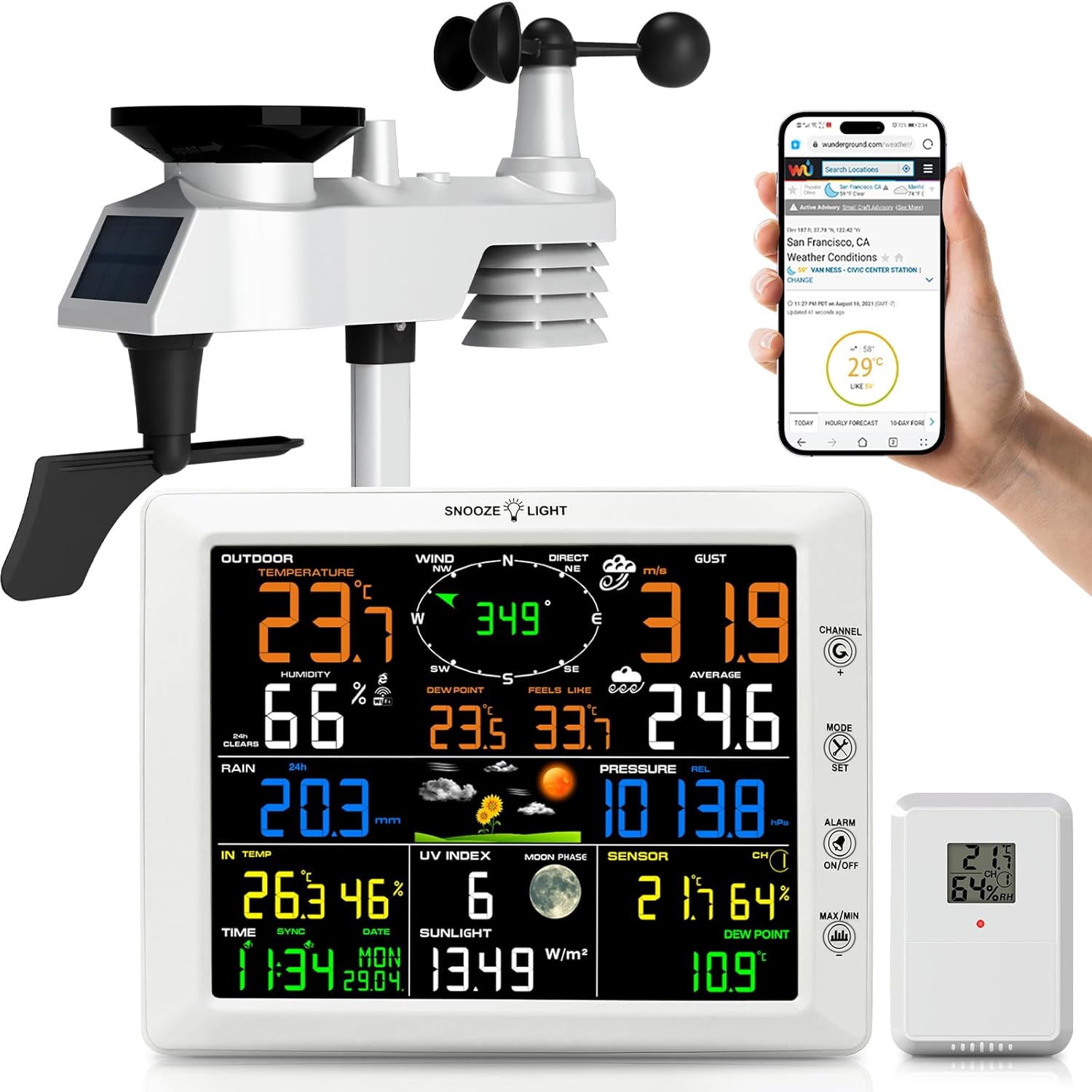 Station Météo Professionnelle Sans Fil 14-en-1 - Grand Écran LCD avec Anémomètre, Pluviomètre, UV, Phase Lunaire - Prévisions Météo, Température & Humidité Intérieure/Extérieure Moderne
