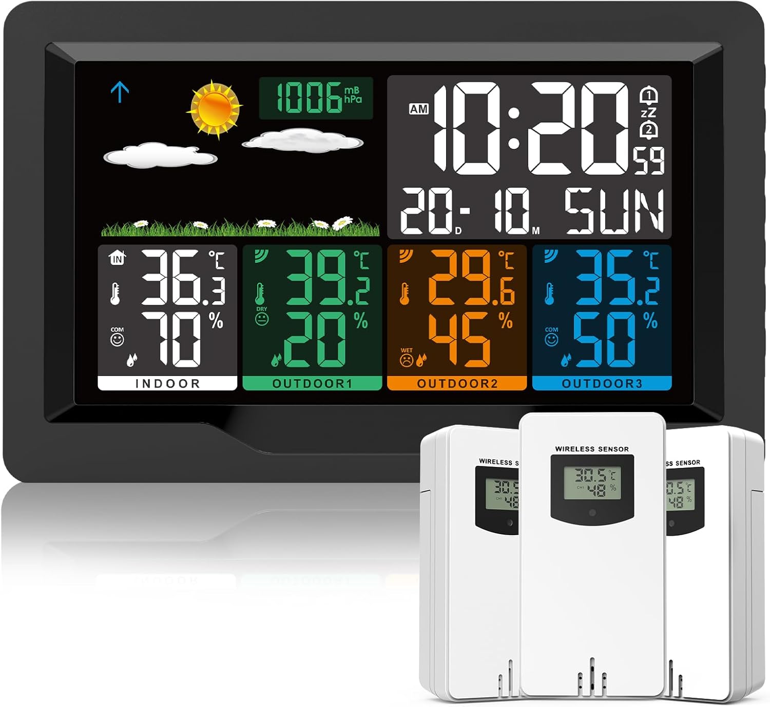 Qxmcov Station Météo sans Fil avec Capteur, Thermomètre Hygromètre Numériques Intérieure/Extérieure, Ecran LCD Couleur, Calendrier l'horloge Réveil Snooze Prévisions Température Humidité 12CM-New