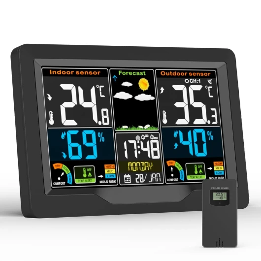 Station Meteo, Station Meteo Interieur Exterieur sans Fil avec Capteur Extérieur, Écran LCD Couleur Numérique, Thermomètre Hygromètre Baromètre des Phases de Lune, PréVision de la TempéRature Météo