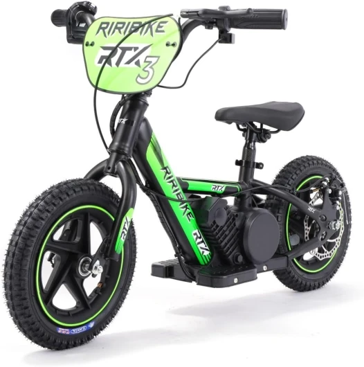 Draisienne électrique pour Enfants RIRIBIKE RTX3 24V (12"), Verte, Batterie au Lithium, Moteur 100W, Frein à Disque, Siège PU Souple réglable