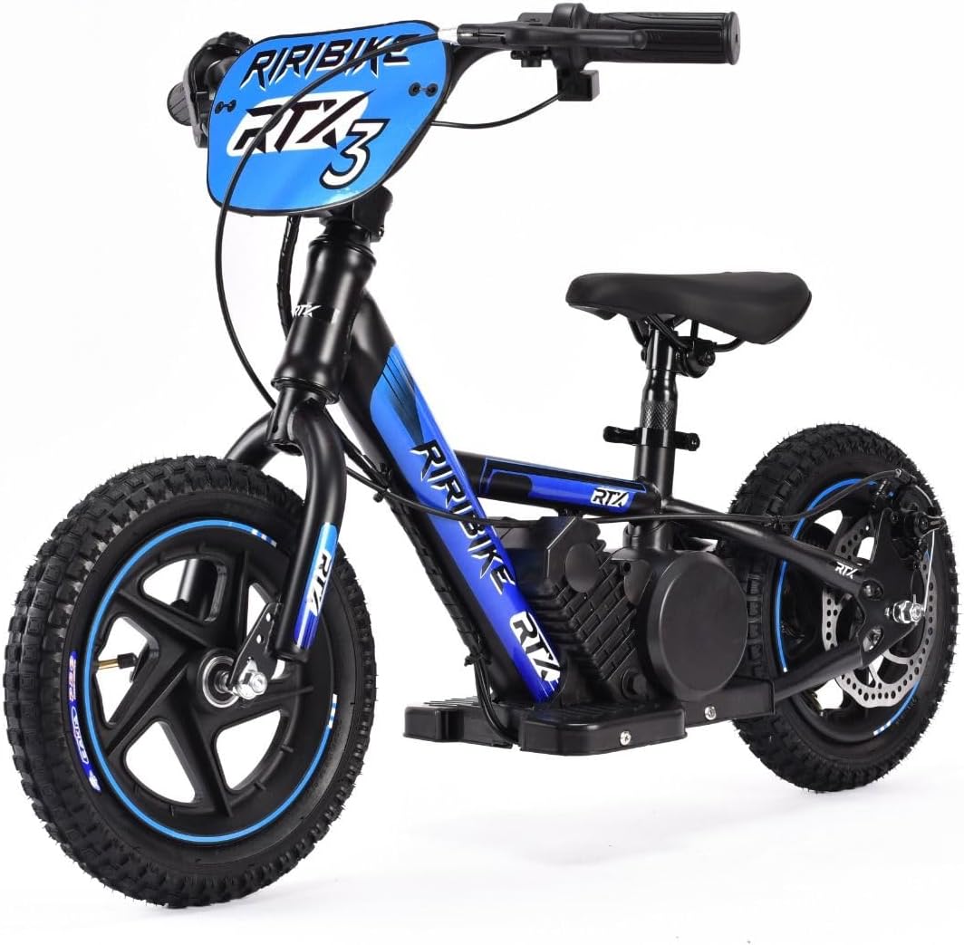 Draisienne électrique pour Enfants RIRIBIKE RTX3 24V (12"), Bleu, Batterie au Lithium, Moteur 100W, Frein à Disque, Siège PU Souple réglable