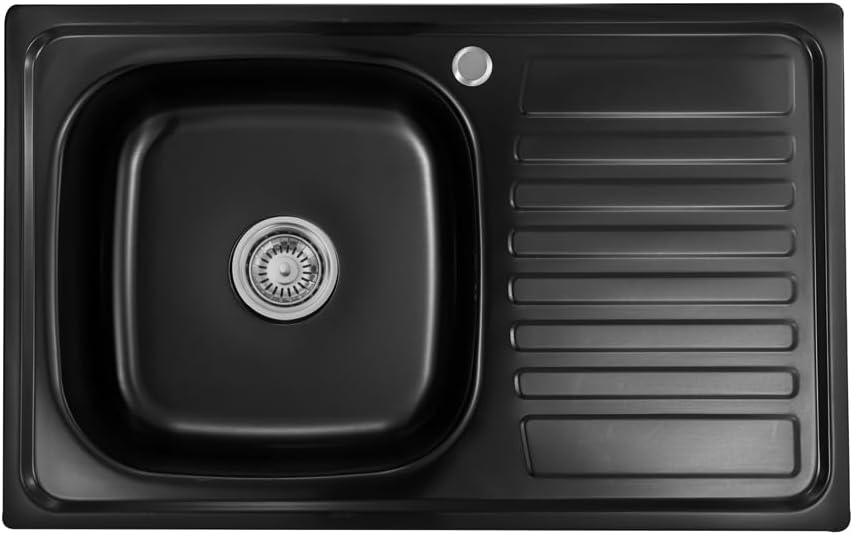 Omeere, Évier de cuisine encastrable en acier inoxydable 304 - Épaisseur : 0,8 mm - Évier de cuisine carré - 1 bac - Égouttoir - 80LX50BX18H (égouttoir à droite - noir)