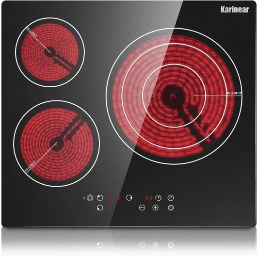 Plaque de cuisson en céramique intégrée 3 feux, Table de cuisson électrique en verre cristal noir avec commande tactile, Minuterie, verrouillage pour enfants, 5700w, pas de prise incluse 5700w-tactile