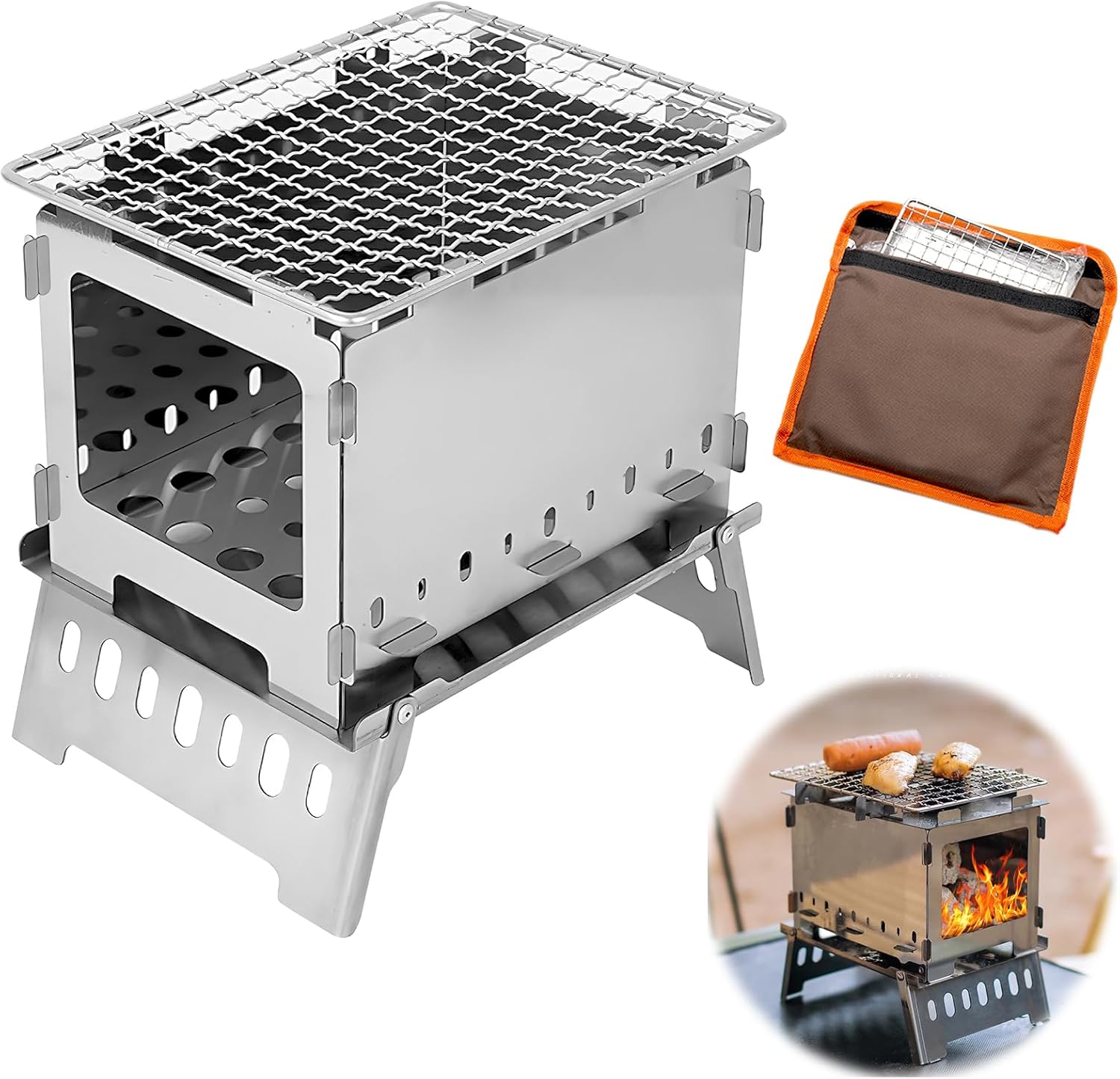 DAWRIS Poêle à bois portable Hobo - Pliable et coupe-vent - En acier inoxydable - Avec sac de transport - Multifonction 3 en 1 - Pour le camping en solo, la randonnée, la randonnée
