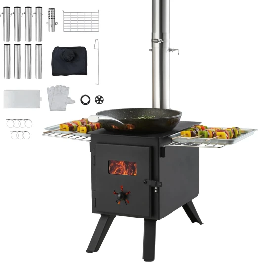 Poêle à Bois, 86 Pouces, poêle de Tente de Camping en Acier allié Portable avec 8 tuyaux de cheminée et Gants, poêle de Tente Chaude de 1400 po³ pour la Cuisine et Le Chauffage en Plein air