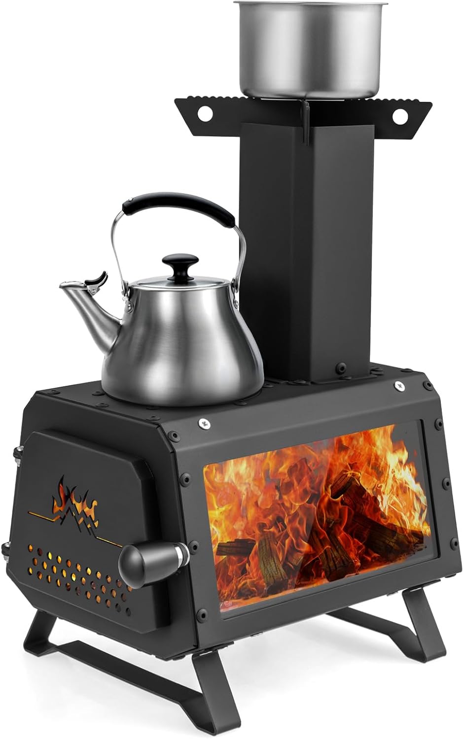 Mini Poêle à Bois Portable, Four à Bois Pliable de Camping avec 2 Positions de Cuisson, Poignée & Fenêtre Visuelle en Verre, pour Extérieur Pique-Nique BBQ Camping Randonnée