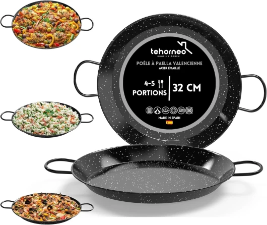 Paella, Poele Paella en Acier Émaillé 32 cm 4-5 portions, Plats à Paella, Poele a Paella, Plat Paella Induction, Plat Paella, 4 Personnes