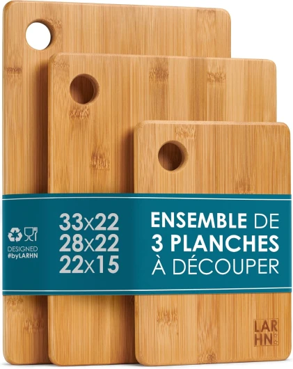Planches à Découper en Bois Extra Epais de Première Qualité - Ensemble de 3 Pièces en Bambou - 33x22cm / 28x22cm / 22x15cm - Idéal pour la Viande, les Légumes, les Fromages et le Pain Jeu de 3
