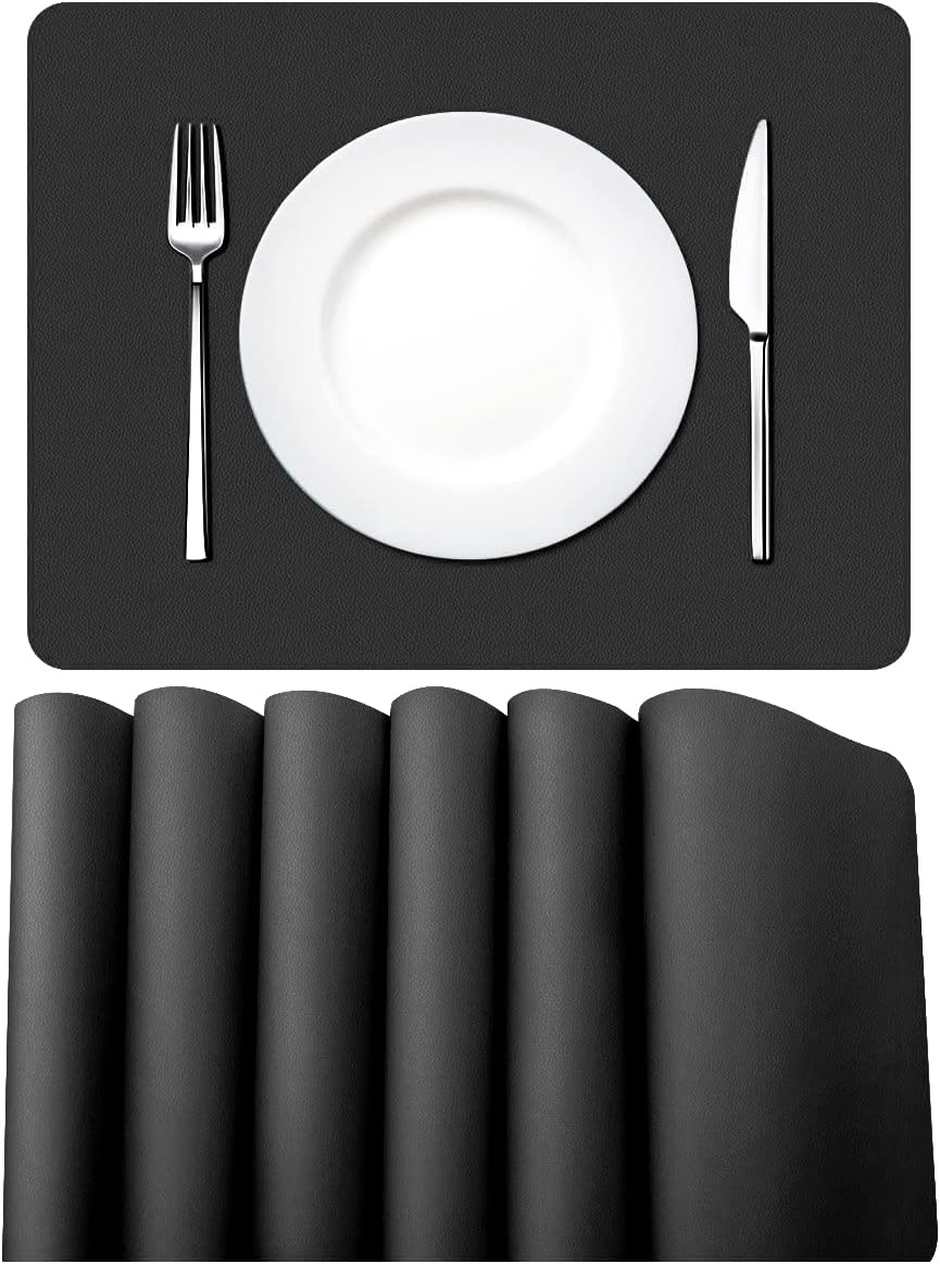 MORROLS Lot de 6 Sets de Table en Cuir PU,Set de Table Lavable Imperméables Rectangulaire Sets de Table Résistant à la Chaleur, PVC Set de Table,42 × 30cm (Noir)