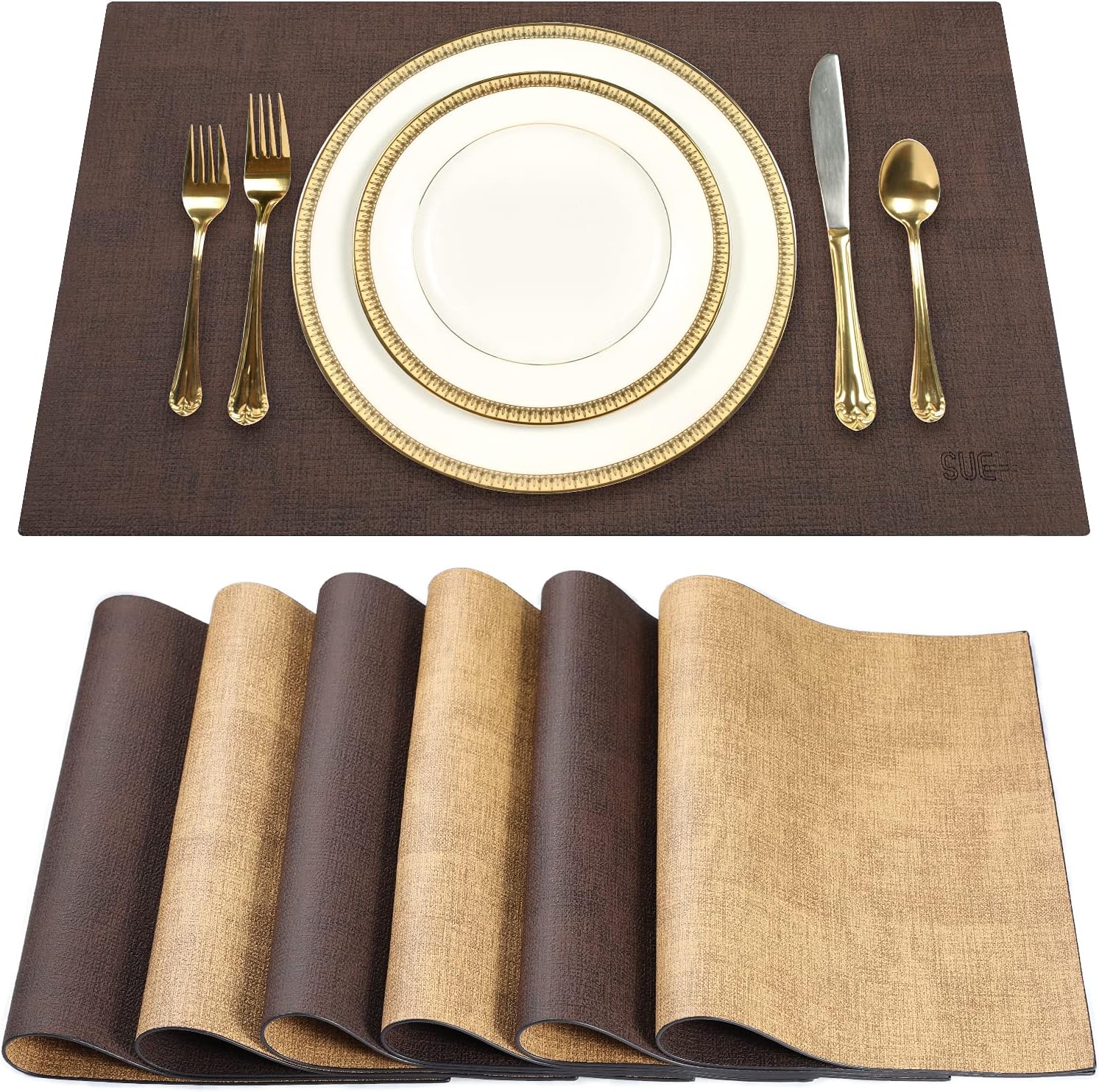 Sets de Table en Cuir Lot de 6 Sets de Table Lavable imperméables PU Résistant à la Chaleur pour Cuisines Restaurants et hôtels 43cm x 31cm 1.marron & Tan