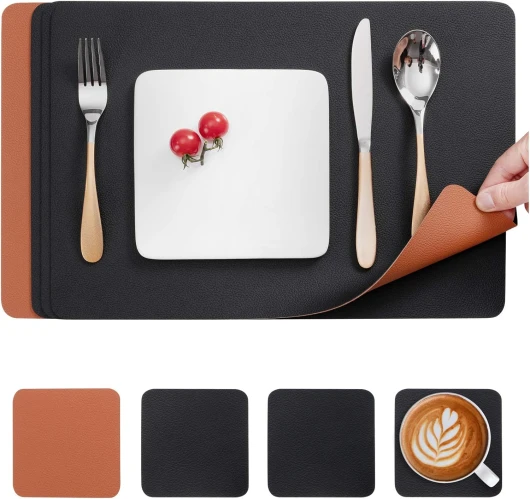 Set de Table, Set de Table en Cuir et Dessous de Verre Antidérapant Set de Table Double Face Set de Table Lavable ImperméAbles Set de Table Plastique Noir Marron Lot de 4
