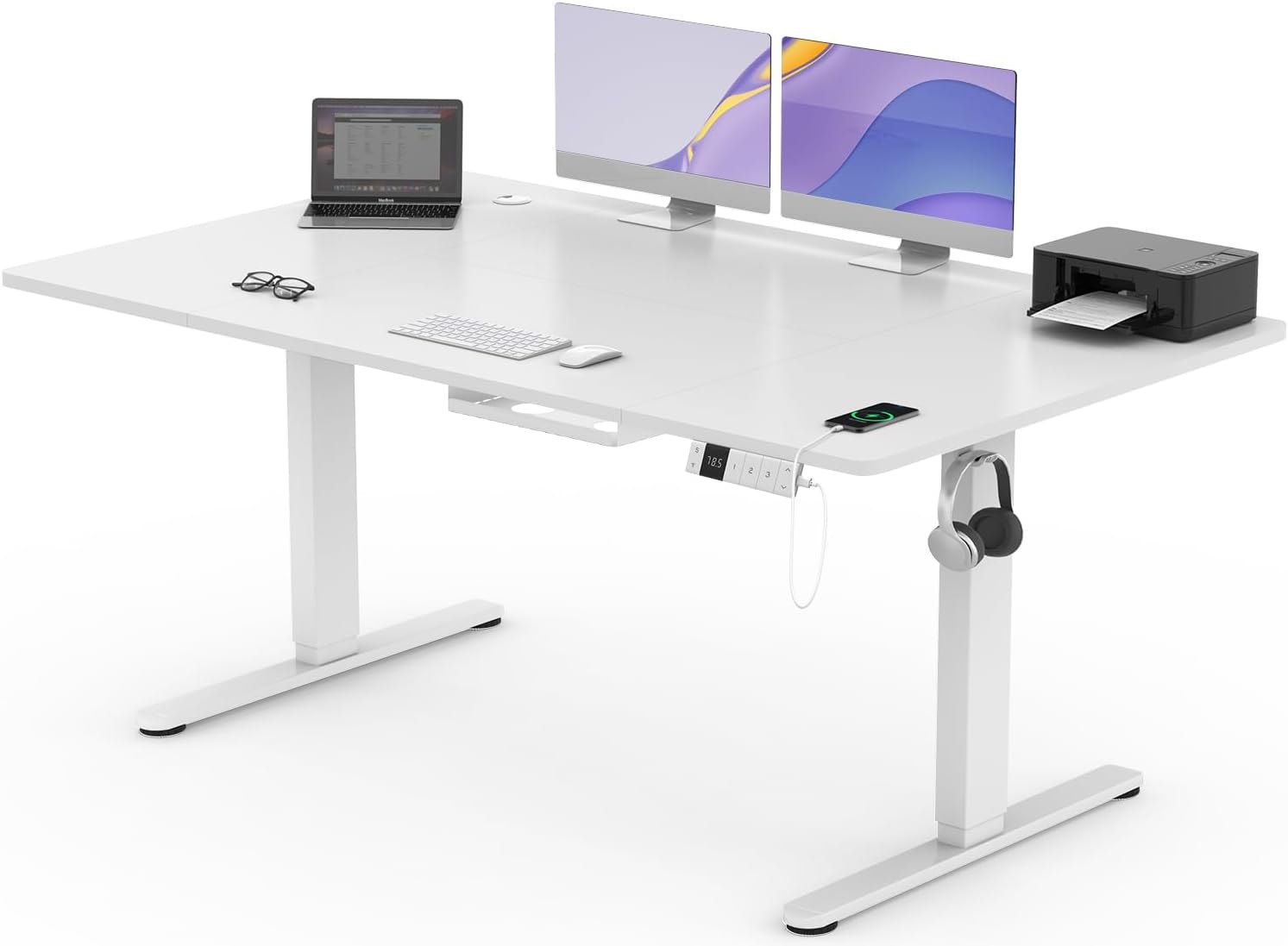 Bureau Assis Debout Électrique 160×80cm, Bureau Électrique avec Chargeur Type-C Organiseur de Câbles et 3 Positions Mémorisables Réglable en Hauteur pour Bureau, Télétravail, Blanc 160 × 80 cm Blanc