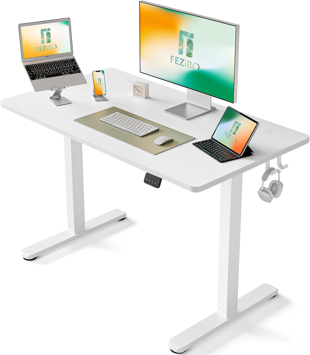 Bureau Assis Debout Électrique, 100 x 60 cmBureau Table Debout Réglable en Hauteur Acier T Pieds avec Système Anti-Collision, Panneau Contrôle à Fonctions Mémoires, Planche Blanc 100 x 60 cm Blanc