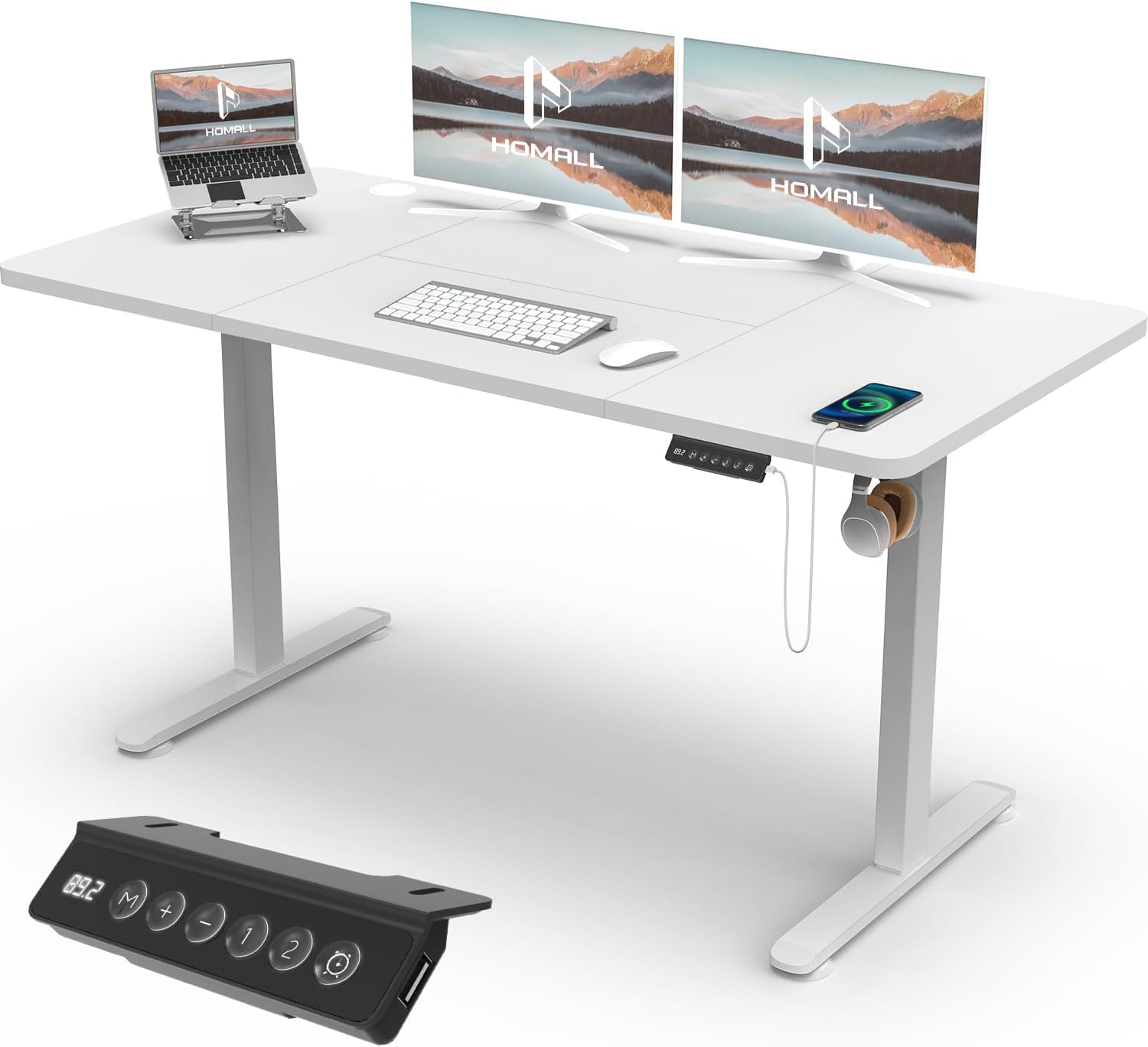 Homall Bureau Assis Debout 140 x 60 cm, Bureaux Électrique Table Réglable en Hauteur avec Chargeur USB, Rappel de sédentarité, 3 Positions Mémorisables, Blanc 140x60cm Blanc